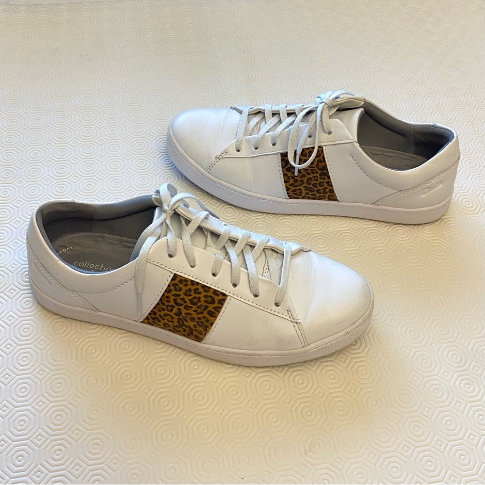 Clarks Women’s White Sneakers with Leopard Accent gently used Size 10